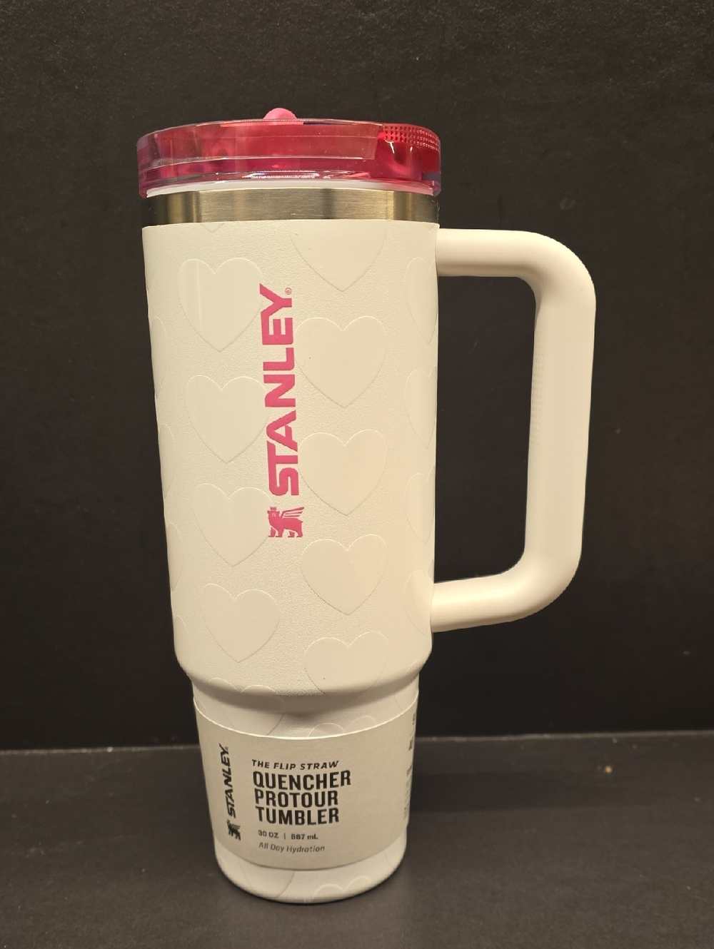 Stanley White Tumbler with Pink Lid Hearts